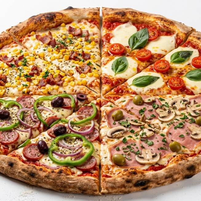 Pizza de 4 Sabores - Gigante | 35cm (8 Fatias) 54 reais e 99 centavos, era 62 reais e 99 centavos Promoção Exclusiva com 4 Sabores das Pizzas Mais Pedidas no Nosso Cardápio. São 2 Fatias de Cada Sabor. Presunto, Á Moda, Calabresa e Frango com Catupiry. Descrição dos Sabores - Presunto: Massa Tradicional, Molho, Mussarela, Presunto e Orégano / Calabresa: Massa Tradicional, Molho, Mussarela, Calabresa e Orégano / À Moda: Massa Tradicional, Molho, Mussarela, Presunto, Calabresa, Tomate, Azeitona, Pimentão, Cebola, Milho e Orégano / Frango com Catupiry: Massa Tradicional, Molho, Mussarela, Frango, Catupiry e Orégano.