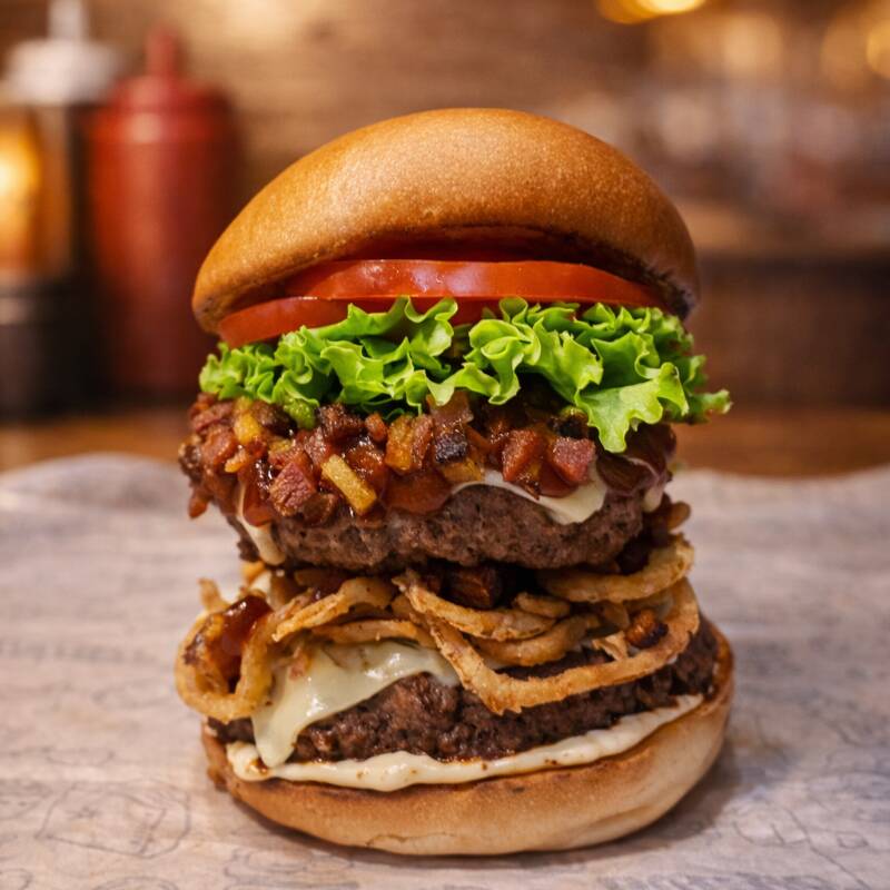 Pão de brioche, 2 Blends de 120g, cebola crispy, muçarela, salada, bacon e maionese da casa.