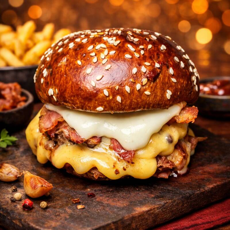 Aquele com cara de primeiro mundo; Pão American Bread, selado na manteiga, 100g de blend bovino coberto por queijo prato derretido, tiras de bacon crocantes e finalizado com barbecue e nosso molho especial da casa