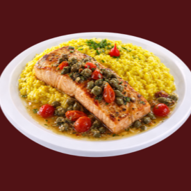 Delicioso risoto milanês, nobre e saboroso.
Base branca c/ açafrão, acompanha um generoso salmão grelhado c/ alcaparras!