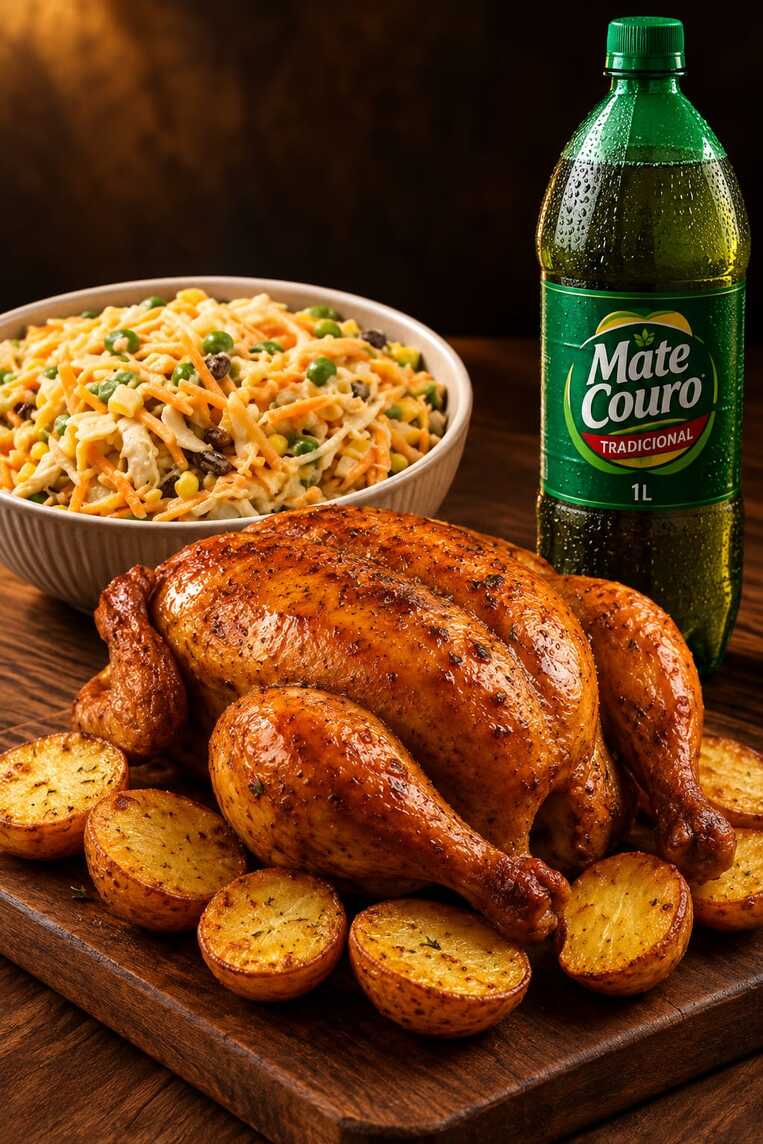 Delicioso Frango Assado + Deliciosa porção de batatas coradas com tempero especial, média de 6 unidades + pote de farofa média de 30g. + salpicão 400g + Mate Couro 1