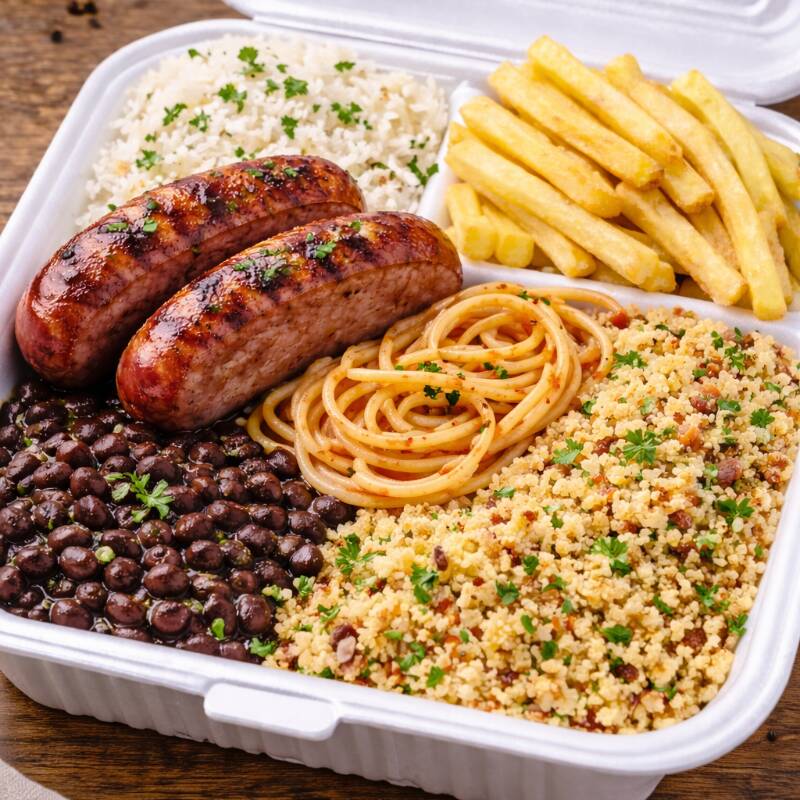 Arroz, feijão, farofa, macarrão, batata frita e linguiça
