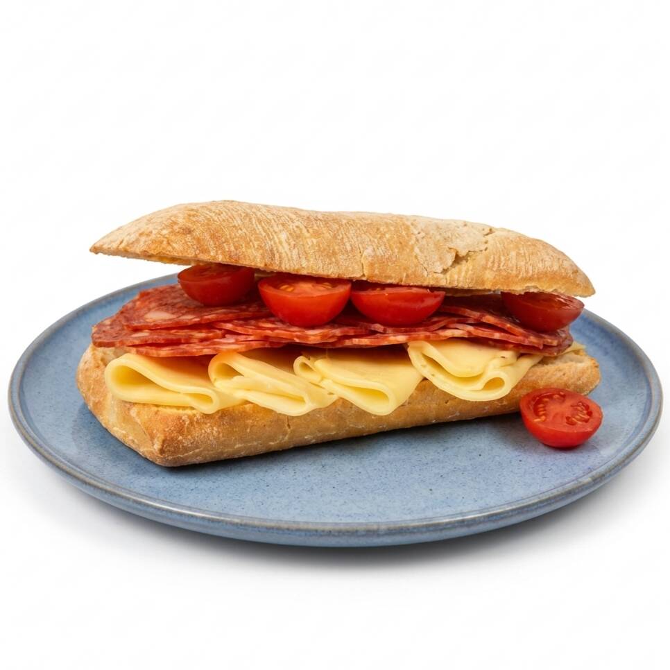 Ciabatta rústica, com casca levemente crocante e interior macio e aerado, trazendo toda a textura e o sabor de um pão artesanal.
Recheada com mussarela, salame e tomate-cereja, uma combinação saborosa e equilibrada, unindo a cremosidade do queijo ao sabor marcante do salame e à leveza e frescor do tomate-cereja.
Peso aproximado: 300 g.
