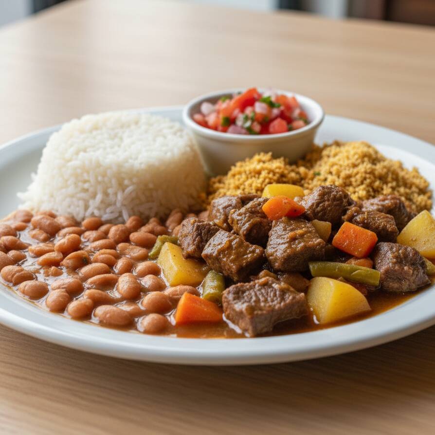 Picadinho de Carne bovina com legumes frescos, acompanha arroz, feijão carioca, farofa e vinagrete
