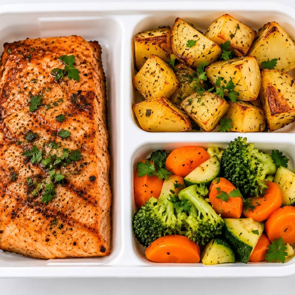 120 g de salmão grelhado, 100 g de batata inglesa assada, 150 g de legumes e 5 g de azeite. Uma combinação leve e saborosa para uma refeição nutritiva e equilibrada. ≈ 390 kcal | ≈ 38 g de proteína.