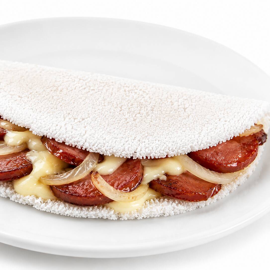 Tapioca recheada com calabresa bem temperada, cebola e queijo derretido, criando uma combinação irresistível de sabor e cremosidade. Massa leve, macia e douradinha.