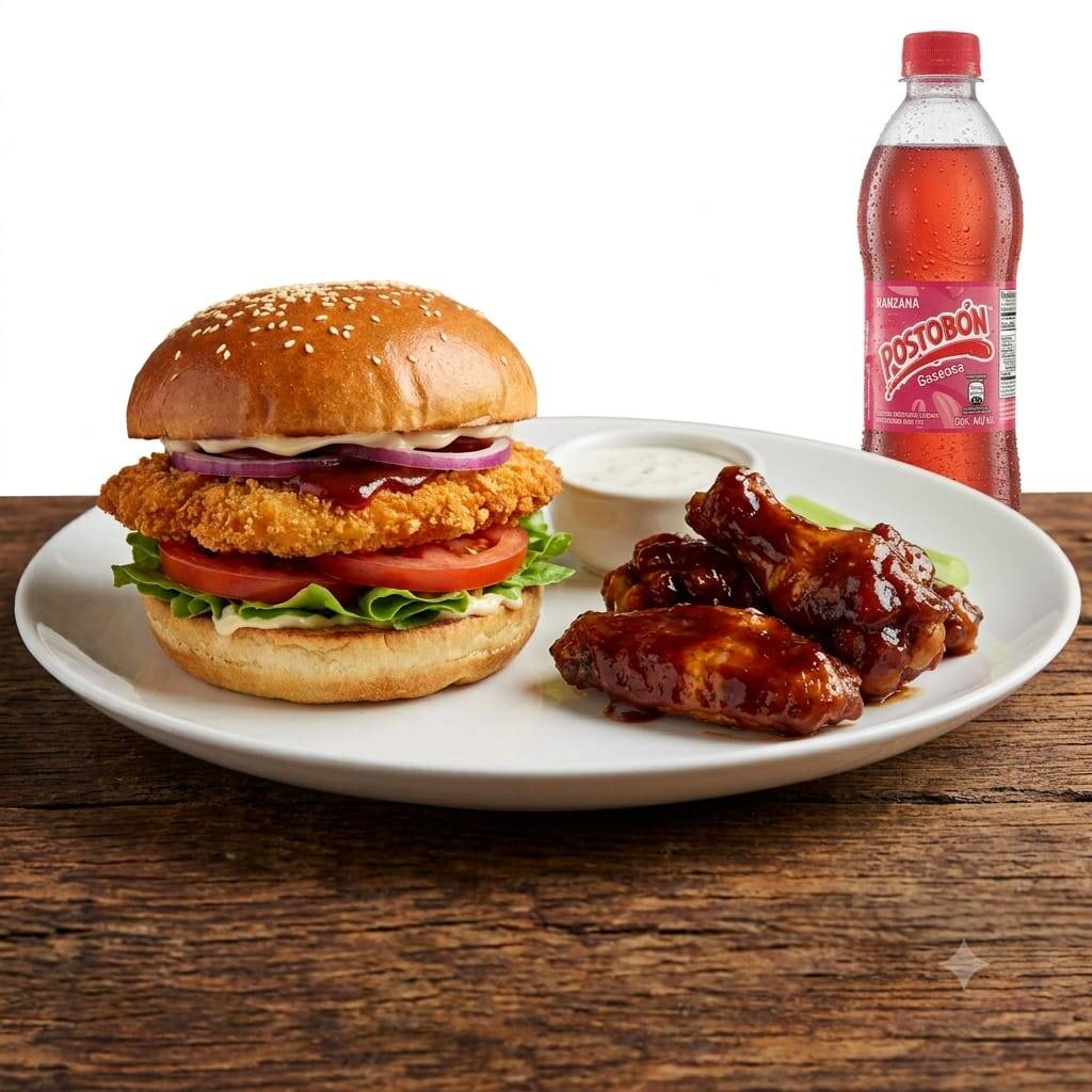 Hamburguesa Con Alitas Y Gaseosa