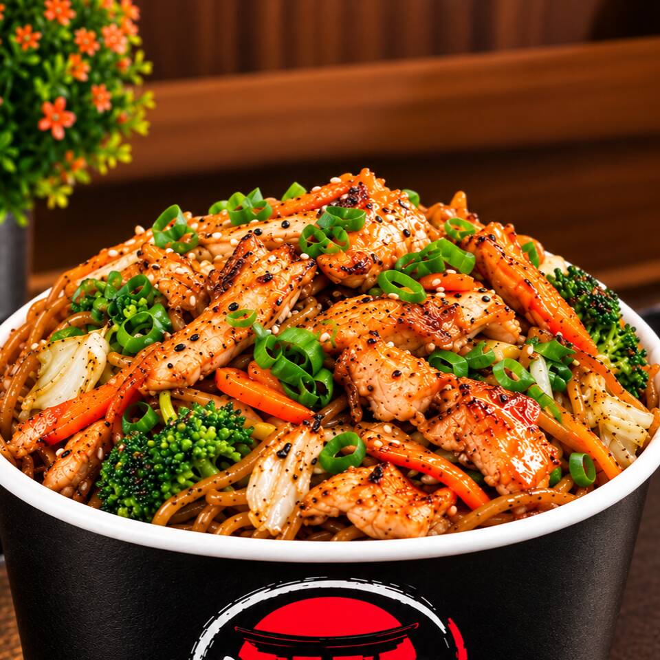 Yakisoba Junior Porco de 300gr com 100 gr de Penil Suino. com Macarrão alfa, cebola, cenoura, brocolis e repolho. temperado com molho da casa a base de shoyo.