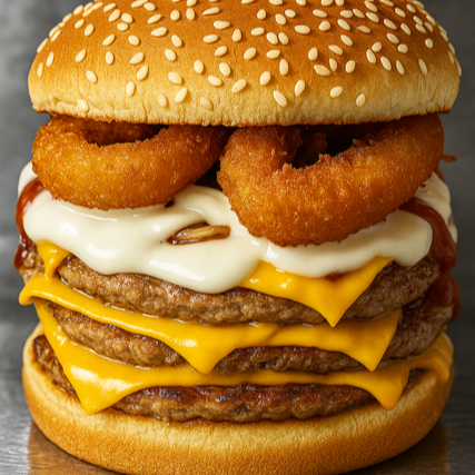 PÃO 3 BURGER'S, 3 QUEIJOS, FATIAS DE BACON, ONION RINGS E MOLHO