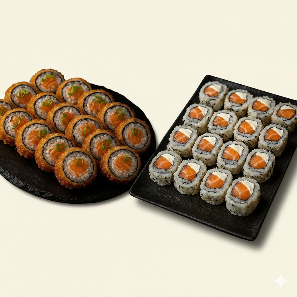 30 rolls recheados com salmão