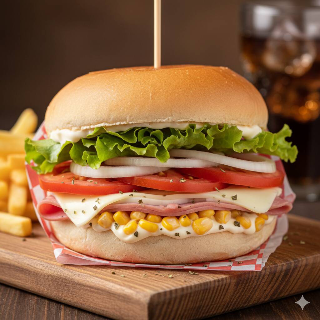 Pão, Hamburguer, Presunto, Mussarela, Milho, Tomate, Alface, Batata Palha