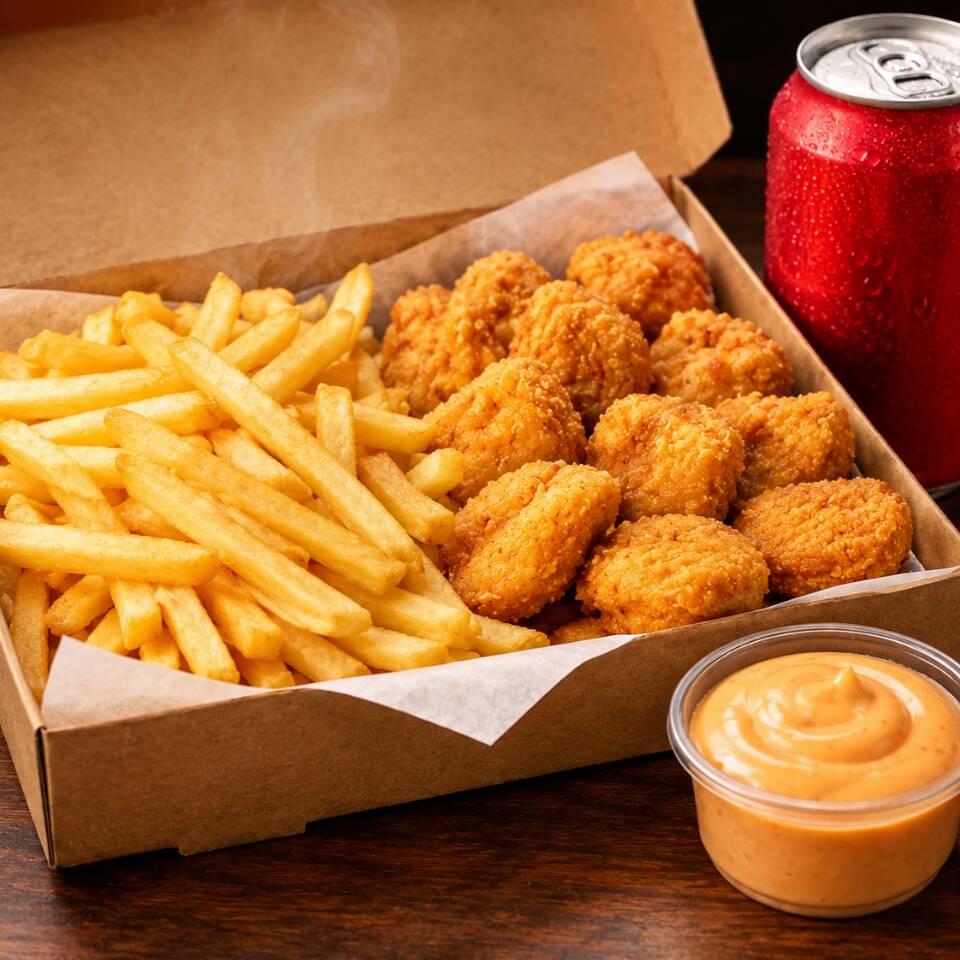 200g batata frita, 200g nuggets, 1 molho, Coca-Cola lata 350ml.