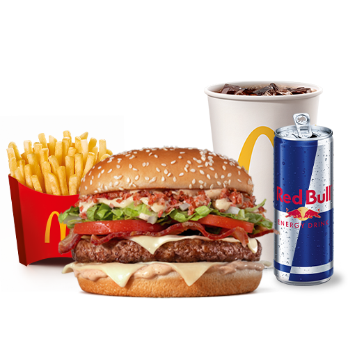 Experimente essa combinação que está irresistível. McOferta Média do novo Tasty Turbo Bacon com 1, 2 ou 3 Carnes a sua escolha + Red Bull Energy Drink 250ml – a clássica combinação de sabor único e energia para te acompanhar em qualquer momento do dia.
