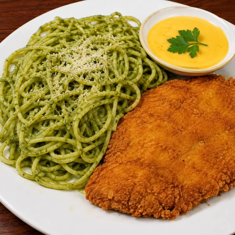 Tallarines Verdes con Milanesa+ Crema
