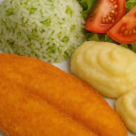 Tilápia empanada. Escolha 2 acompanhamentos + refrigerante 220ml + sobremesa.