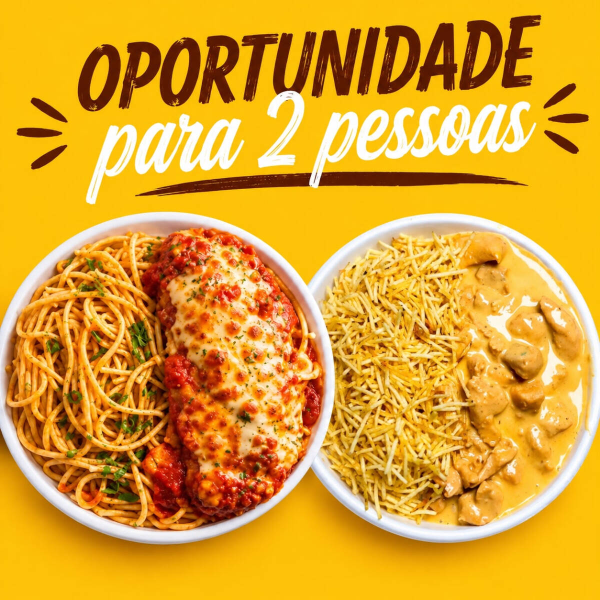 2 marmitas pequenas 1 arroz Strogonoff de Frango & batata palha + 1 Espaguete á Parmegiana