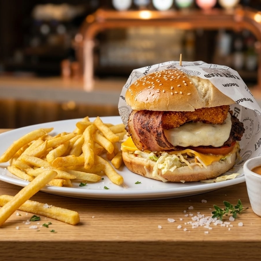 Hamburguesa de tocineta, papas mas Coca Cola 400ml