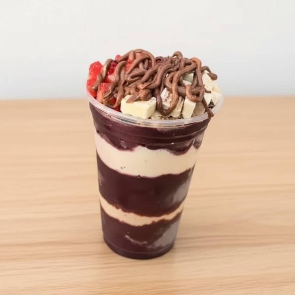 Delicie-se com nosso copo de 500ml de açaí! Monte do seu jeito! Escolha seus sabores e leve 4 acompanhamentos grátis. A combinação tropical perfeita para um Dia refrescante e cheio de sabor!