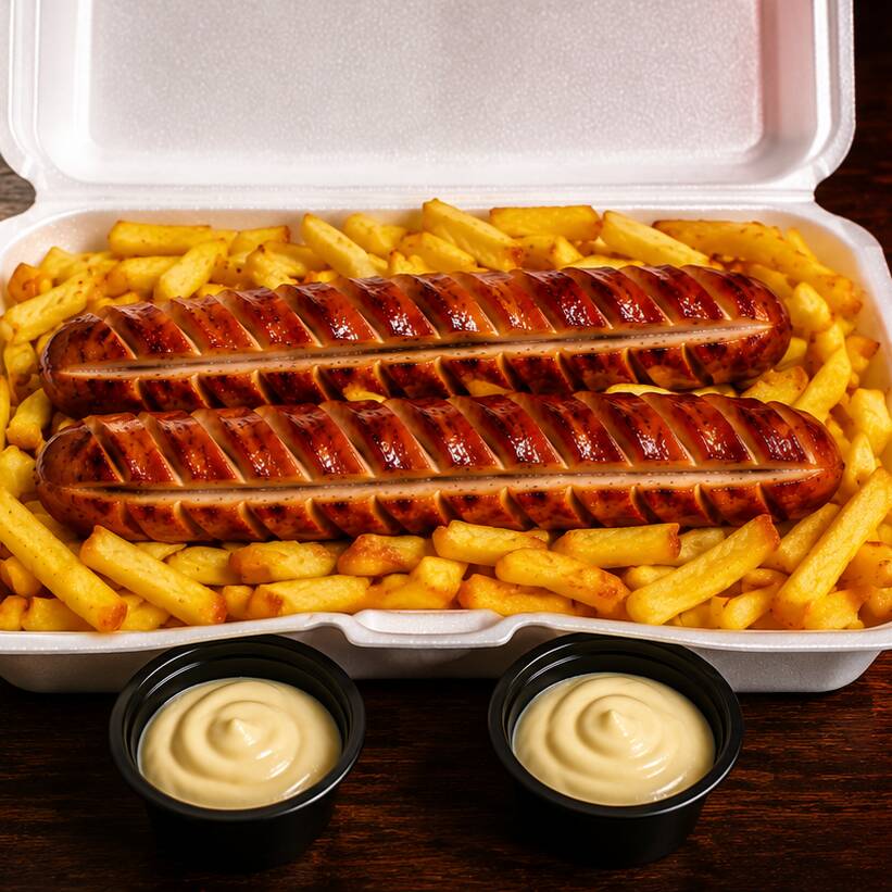 400g de batata frita crocante com 2 vinas grelhadas e douradas, preparadas com corte especial para mais sabor e suculência. Acompanha 2 potes de maionese da casa. Perfeita para compartilhar ou matar a fome com muito sabor!
