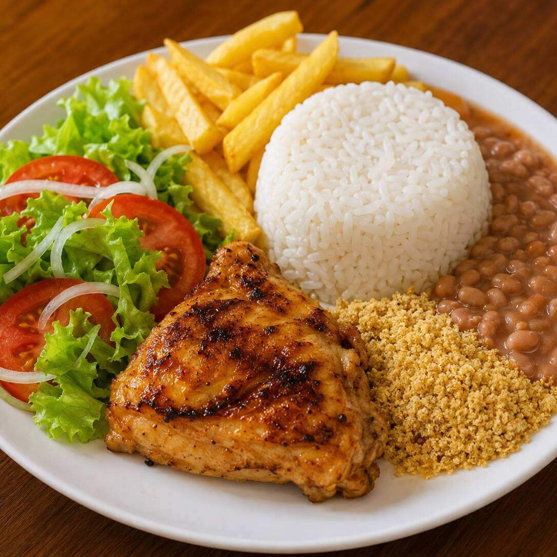 Uma refeição completa, preparada com frango grelhado suculento e acompanhamentos tradicionais, ideal para o almoço ou jantar, acompanha 1 copo de guaravita.