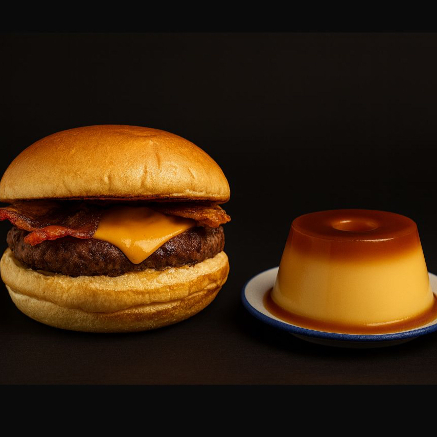 Burger mais a sobremesa! Um delicioso pudim de leite condensado e calda de caramelo