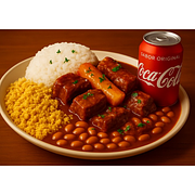 Feijão com tempero especial, arroz soltinho como o da vovó, farofa crocante e um suculento picadinho de carne acompanhado de cenoura e batata. Uma combinação irresistível para apreciar!