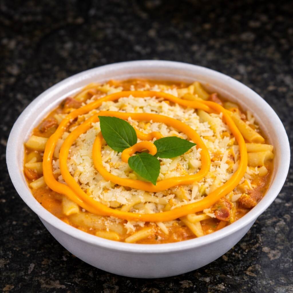 Pra quem ama Pimenta e gosta de comida com personalidade! 200g de massa al dente, refogado bacon, calabresa, alho e cebola, envolvido com nossos molhos bolonhesa e molho branco e um bland especial de pimentas da casa.Sabor intenso e picância marcante.Finalizado com Mussarela e Chaddar.(700g)