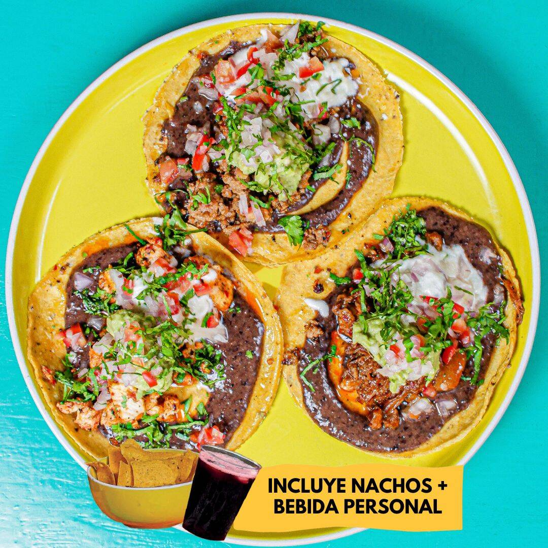 Trío Tacos Tex de Ground Beef + Nachos + Bebida