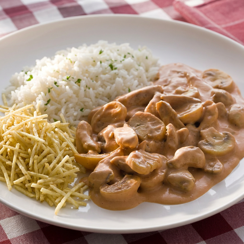 Delicioso estrogonofe de carne macia com arroz e batata palha.