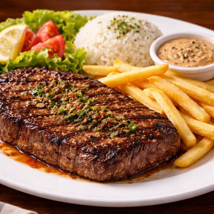 Arroz, feijão, contrafilé,farofa e salada