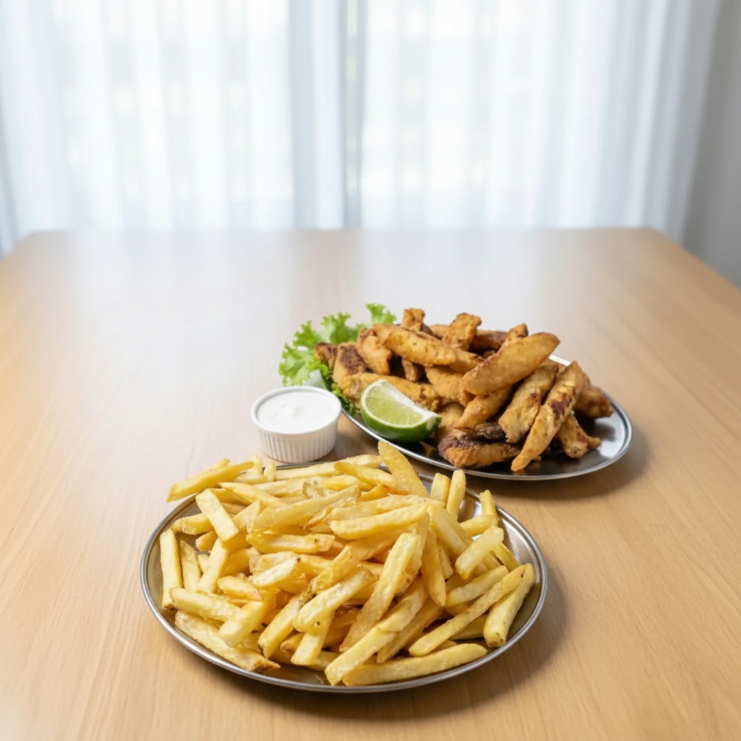 FOTO ILUSTRATIVA. Aproximadamente 800g de batata pesada fresco e depois preparada frita.
