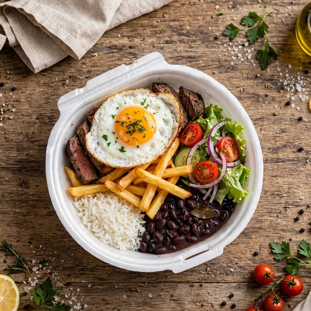 Bife De Patinho Macio E Suculento Com Ovo Frito Acompanha Arroz Bem Soltinho Feijão Preto Bem Temperado Macarrão Com Molho De Tomate, Farofa Da Casa, Batata Frita Crocante. Sabor Que Exala Sobor D" Casa.