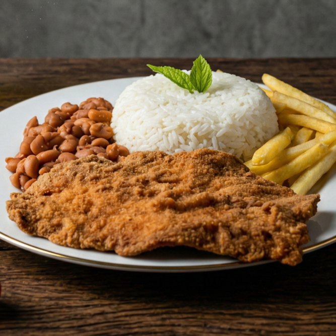 Empanado dourado e crocante por fora, macio por dentro, servido com arroz fresquinho, feijão saboroso e fritas sequinhas e salada leve e crocante.