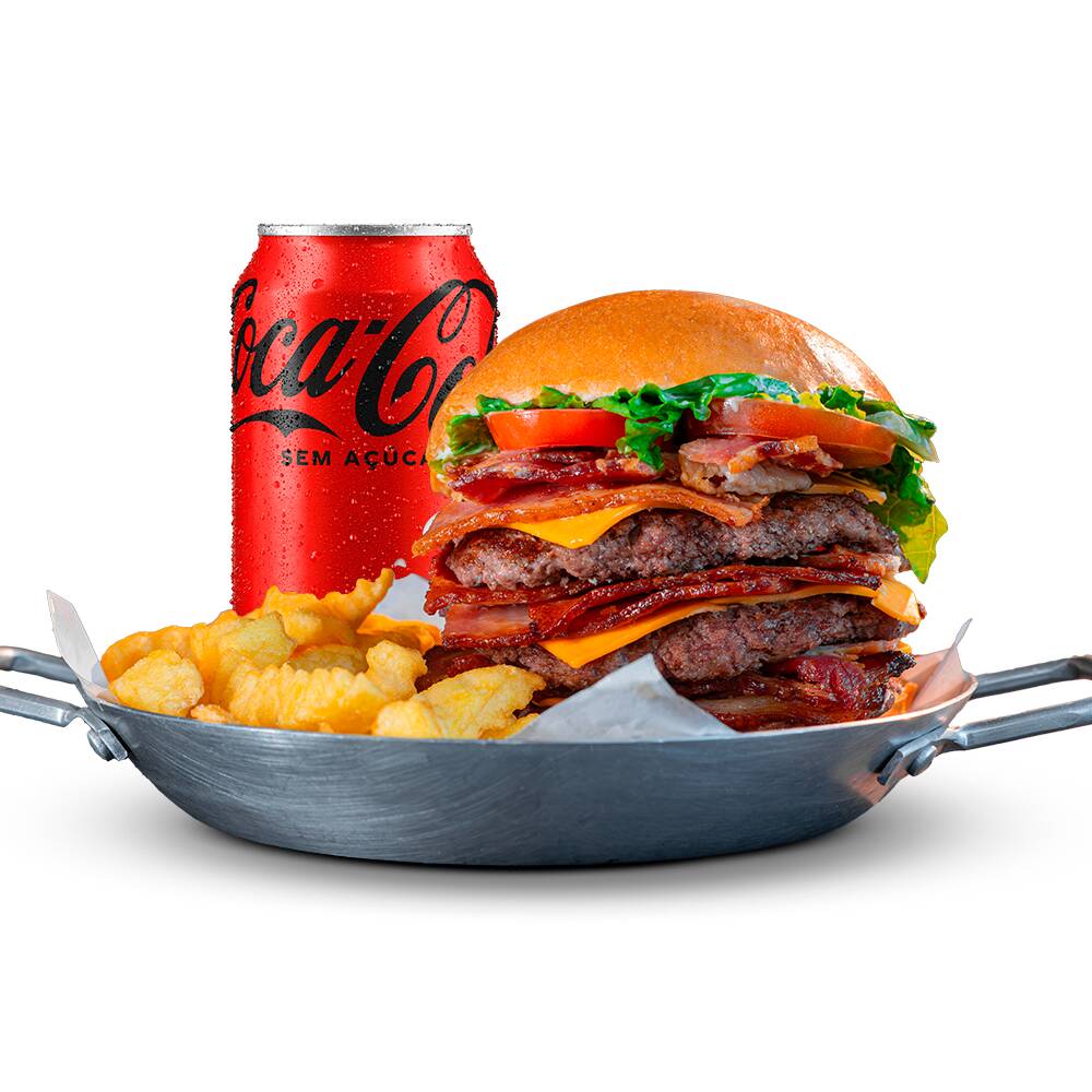 Pão de brioche, maionese Hakuna, salada, bacon, cheddar fatiado e duplo burguer smash 70g.