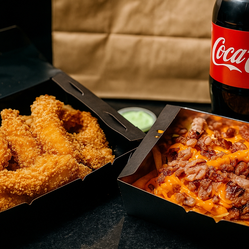 Um combo irresistível, 900g das nossas deliciosas e crocantes tiras de frango + uma porção de 500g de batatinhas com cheddar da casa e deliciosos cubos de bacon. E nao pode faltar aquela coca cola 2 litros bem gelada.