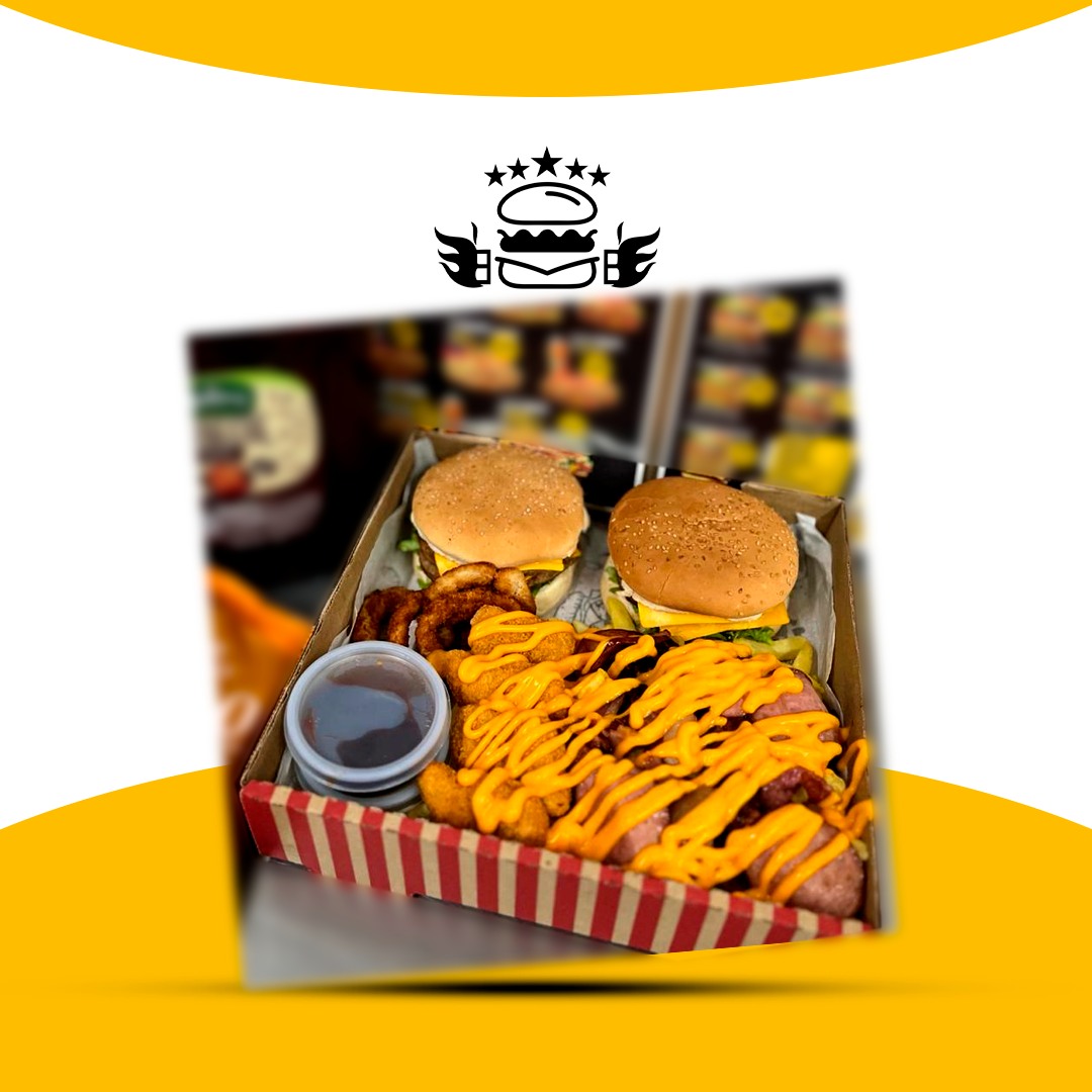 2 Cheddar Duplo ,4 Aneis de Cebola ,4 Nugget , 2 Molhos , Batata , Cheddar e 1 Refri de 600ml