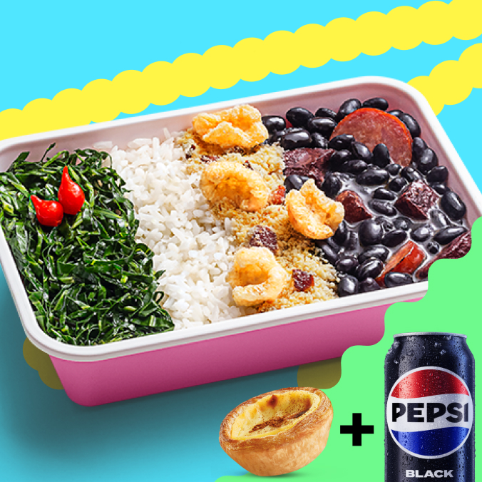 Feijoada Mita, com aquela farofinha de bacon especial e arroz branco bem soltinho. Também acompanha couve refogada, pimenta-biquinho e pururuca. Sabe aquela feijoada com gostinho de casa?  Acompanha 1 Refrigerante Lata + 3 Minichurros de Doce de leite ou 1 Pastel de Belém. Só vem!