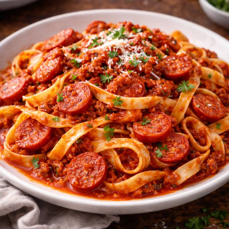 Massa fresca produzida artesanalmente na casa, molho de tomate caseiro, linguiça calabresa.