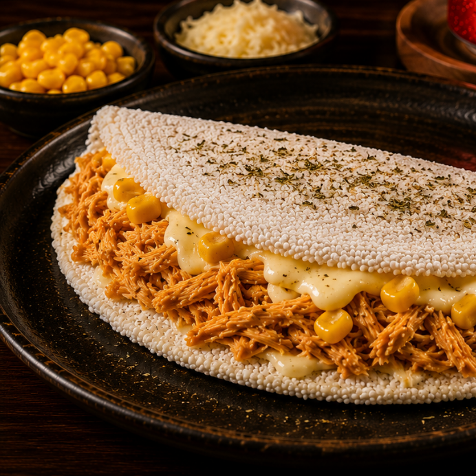 Crie sua própria tapioca com 5 ingredientes à sua escolha. Personalize e desfrute de uma experiência única e saborosa.