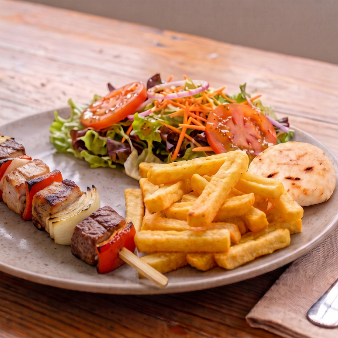 Brocheta de Cerdo + papas + Quatro