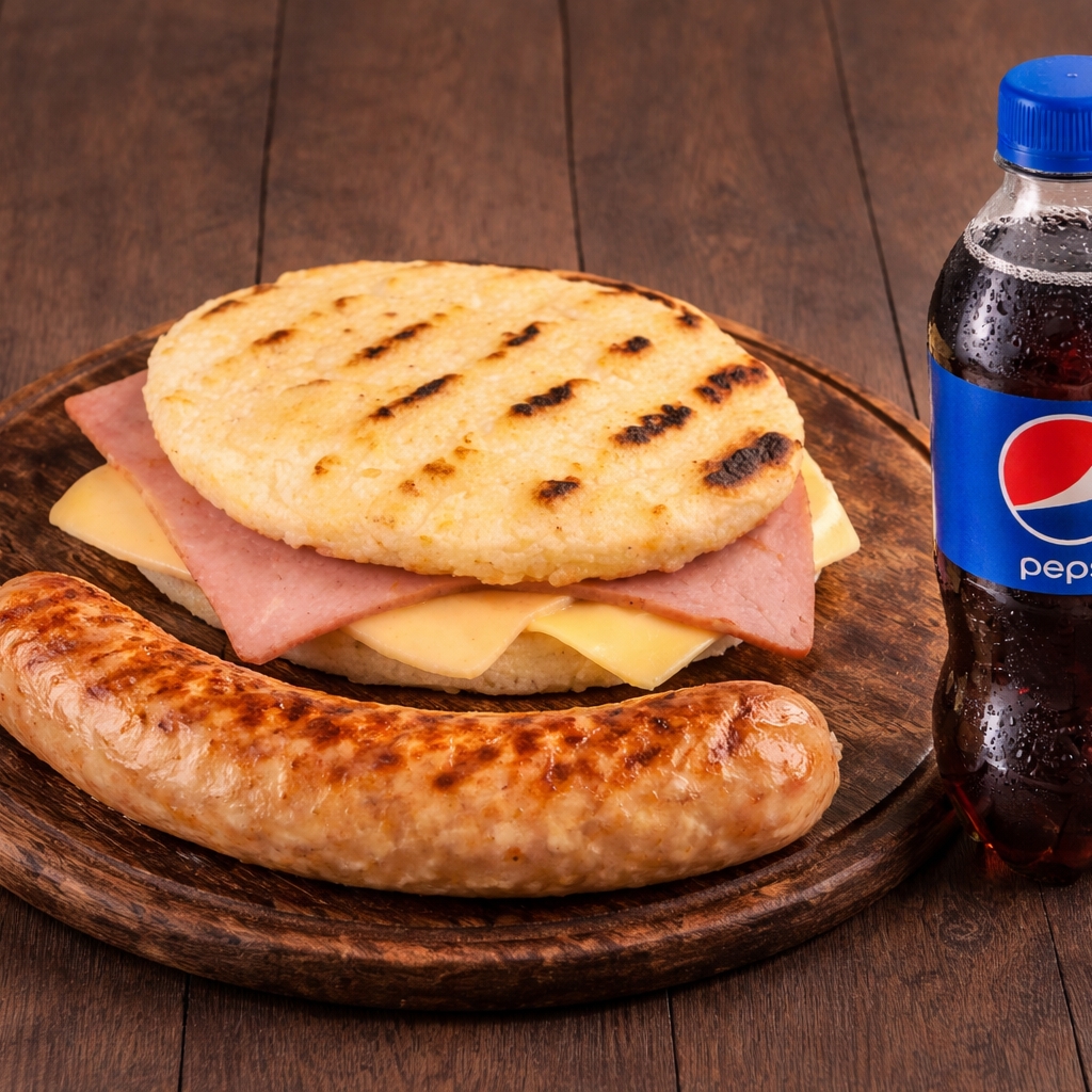 CHORIZO CON AREPA DE JAMÓN Y QUESO + GASEOSA PERSONAL