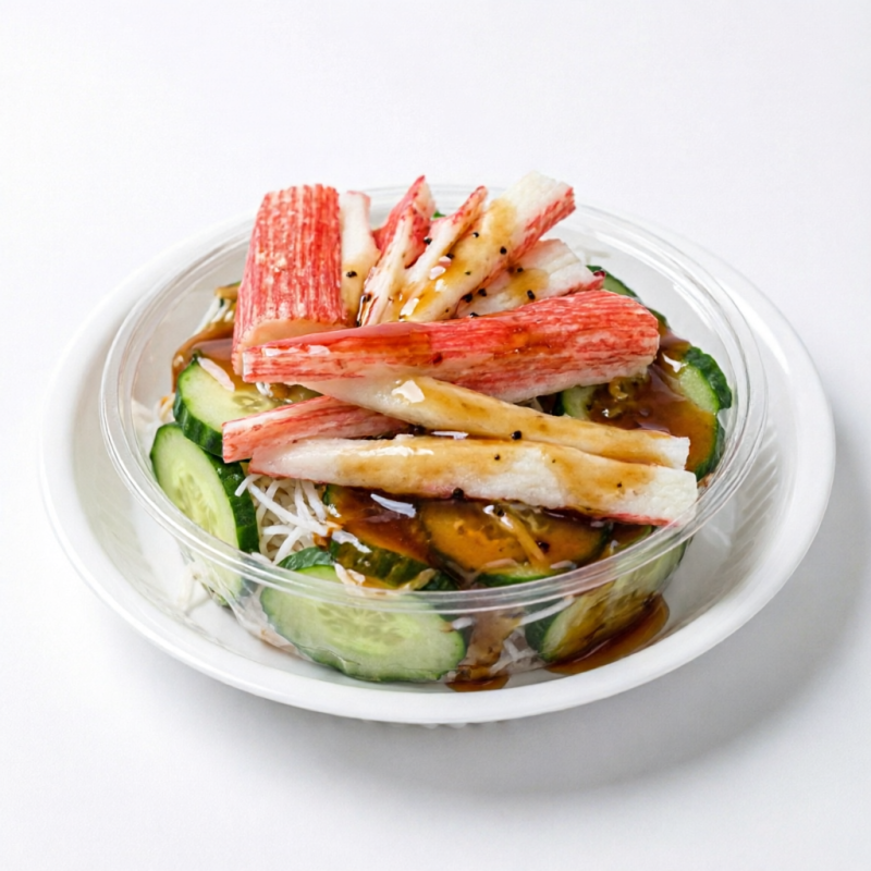 Salada de pepino e kani ao molho do chefe