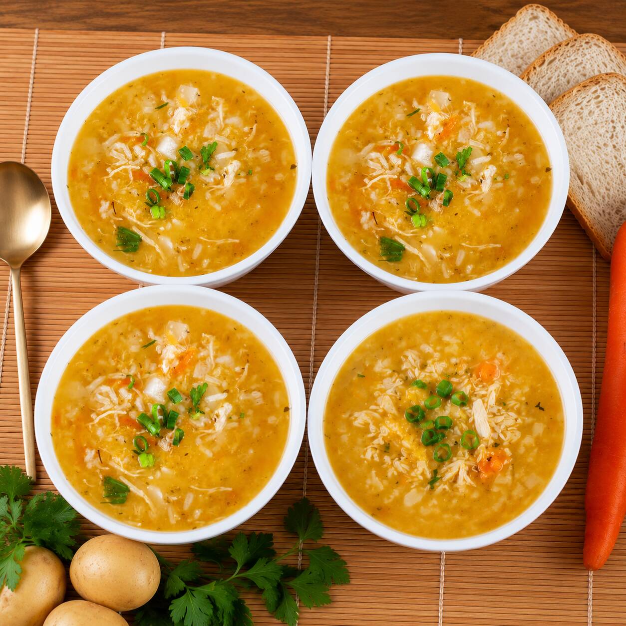 Combo 4 Sopas de Canja de Galinha: caldos de frango com legumes, arroz e temperos, uma opção leve e saborosa.