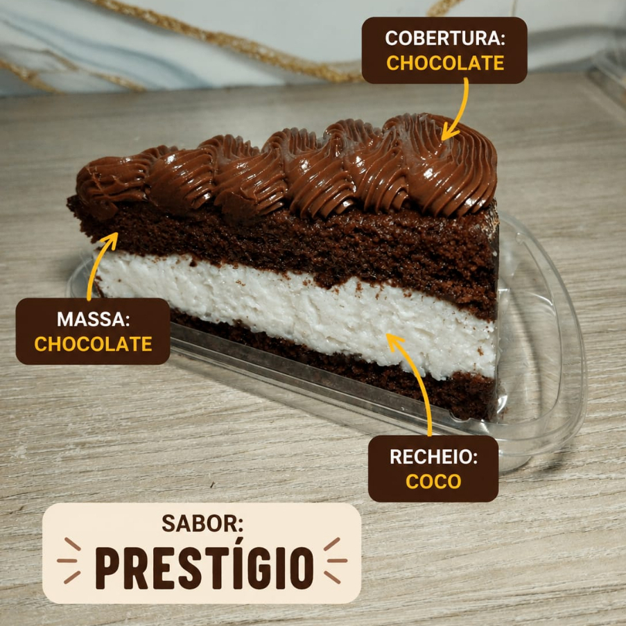 🍫 Bolo Prestígio
“Massa fofinha de chocolate, recheio cremoso de coco e cobertura deliciosa de chocolate… vai resistir a essa combinação perfeita?” 😍
Aprox.250g