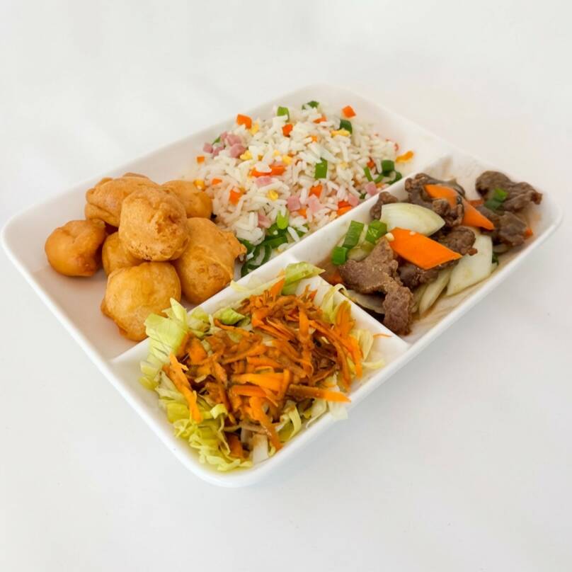 Acompanha: 1 rolinho primavera ou rolinho de queijo ou frango empanado + yakimeshi+ salada