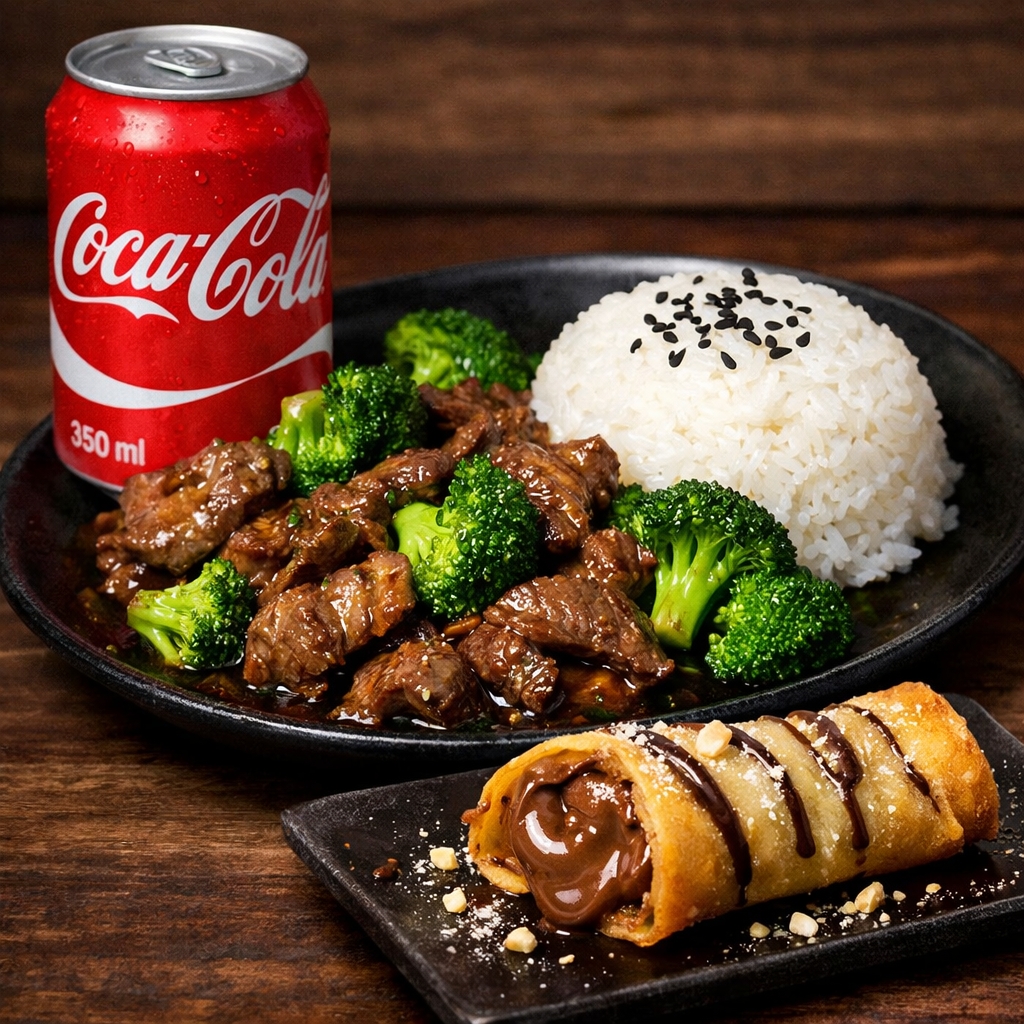 Uma excelente combinação para saciar a fome. porção de carne com brócolis, mais a coca normal ou zero e mais a sobremesa.