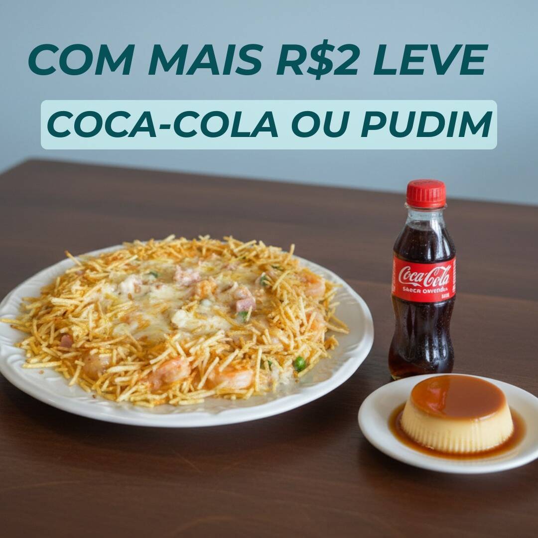 Comprando um Camarão Internacional, com apenas mais R$2, leve uma Coca Original/Zero (200ml) ou um Pudim para acompanhar sua refeição. Nosso prato mais pedido, com um delicioso arroz cremoso com camarões salteados no tempero especial do Chef. Acompanhado de molho cremoso de camarão, presunto em cubos, ervilhas, requeijão, creme de leite, Catupiry e uma generosa camada de mussarela derretida. Finalizado com batata palha crocante para aquele toque especial.