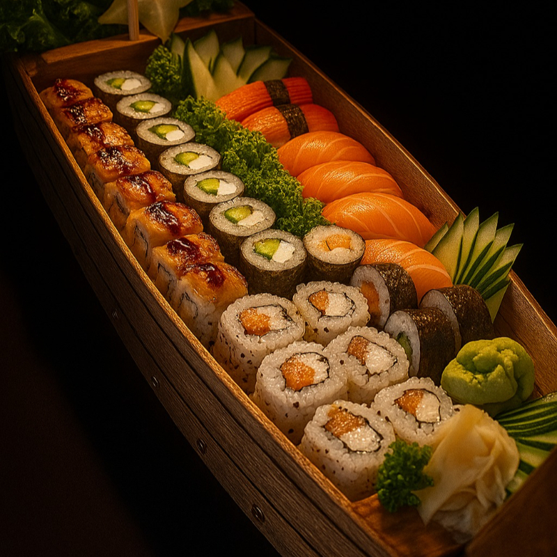 Obs. Não fazemos trocas de itens da barca casal. 4 niguiri salmão 4 niguiri variados 8 uramaki filadélfia 8 uramaki skin especial 8 uramaki romeu e julieta 5 futomaki 8 hossomaki de pepino 4 hossomaki de salmão