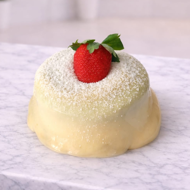 Mini vulcão de chocolate macio, recheado com creme de Ninho super cremoso e pedaços de morango fresco.