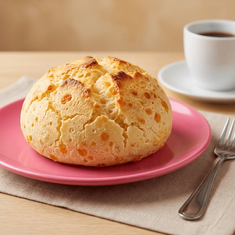 Pão de queijo grande, macio por dentro, douradinho por fora e com bastante sabor de queijo.